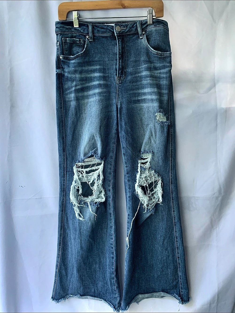 Risen Jeans Distressed Flare-Leg Jeans High Rise Medium Wash Streetwear Casual